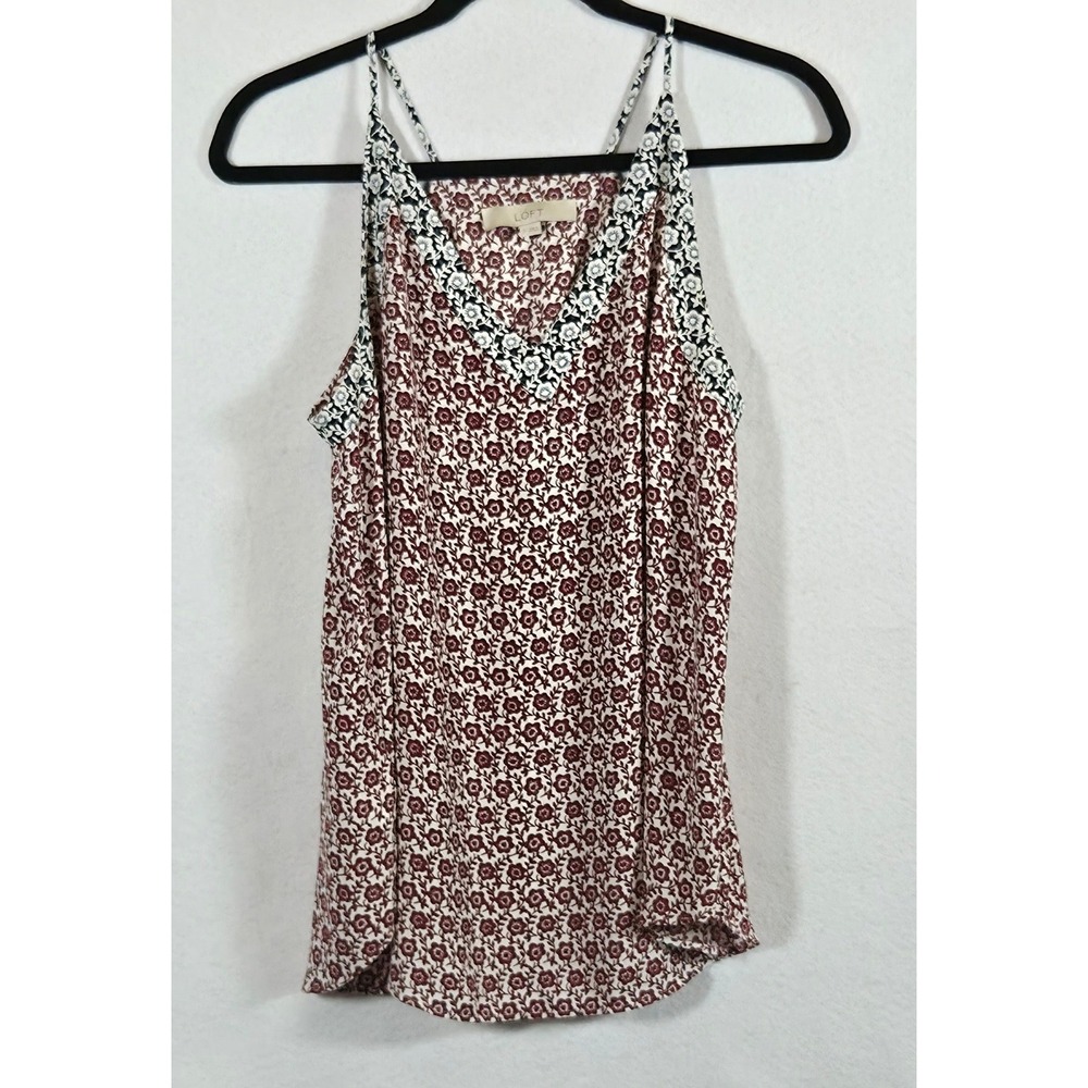 LOFT Floral Cami Tank Top Size S Burgundy White Boho Racerback Contrast Trim